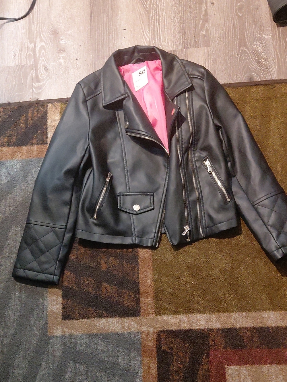 Womens Black Faux Leather Moto Jacket with Pink Lining